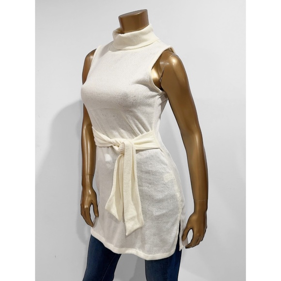 Venus Women's Cream Sleeveless Tie Waist Tunic Sweater Turtleneck Top Size S - Picture 3 of 5